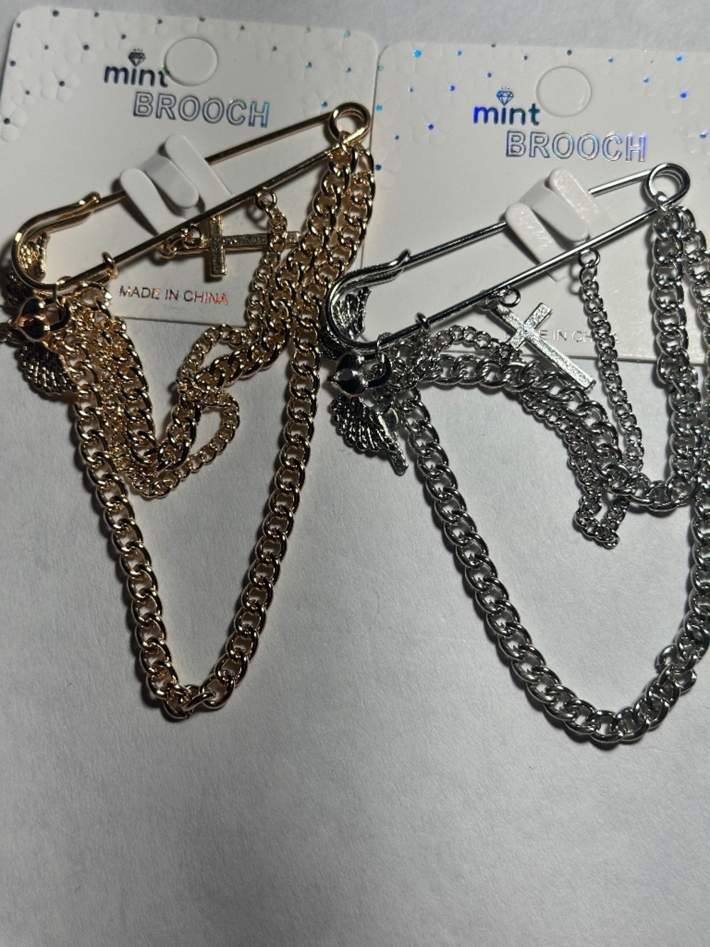 Safety Pin Brooch with Chains | Cross, Heart Wings & Key Charm Pin